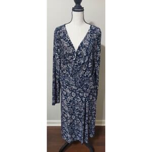 Ralph Lauren Women's Black Label Navy Paisley V-Neck Midi Faux Wrap Dress Sz 16